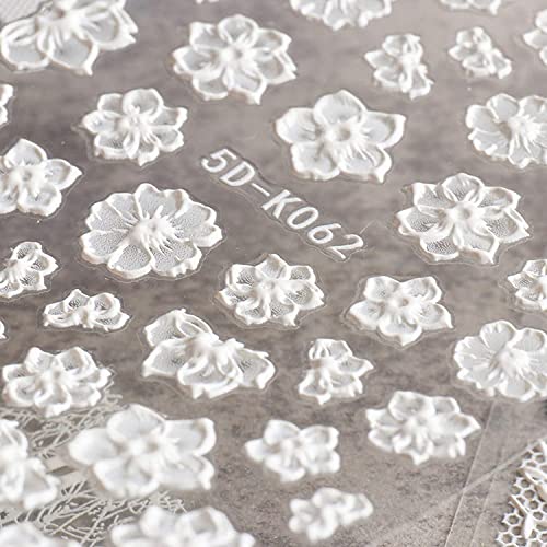 5D White Flower Nail Art Stickers Holographic Embossed Floral Decals
