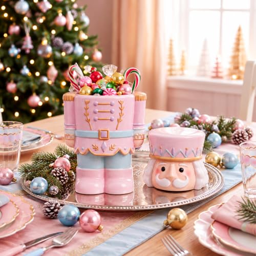 Pink Christmas Nutcracker Cookie Jar - 12 Inch Ceramic Holiday Storage Container