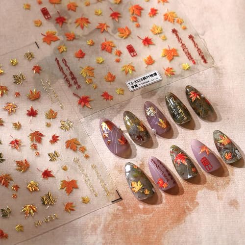 5D Embossed Fall Maple Leaf Nail Art Stickers Self-Adhesive Red Leaves Decals