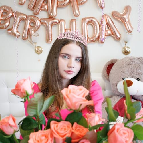 AMCAMI Pink Birthday Crown and Sash Set Rhinestone Tiara for Women