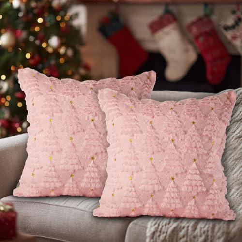 Christmas 12x12 Throw Pillow Covers Set of 2 Pink Winter Star & Tree Plush Faux Fur