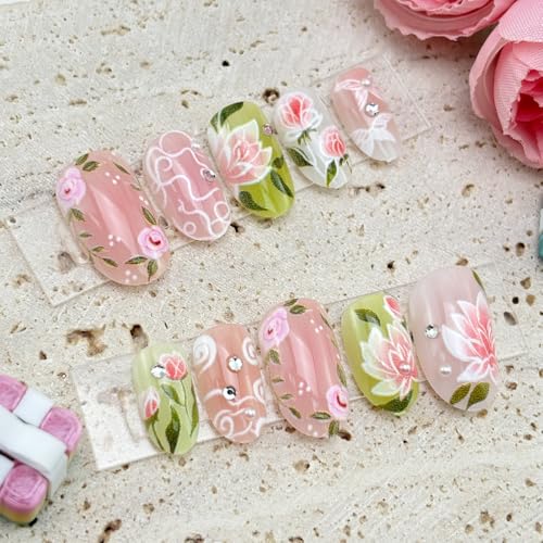 GUAACCB Pink Floral Press On Nails Short Spring Butterfly Fake Nails