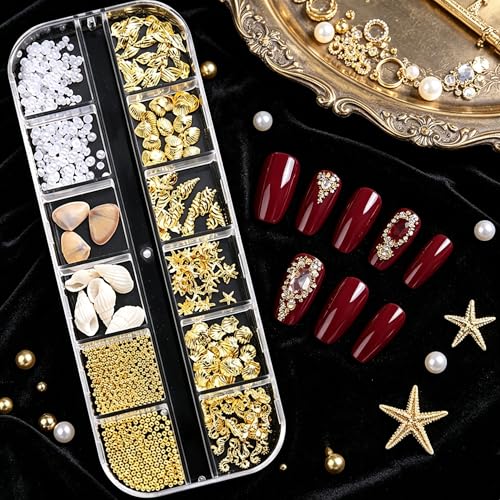12 Grids Summer Beach Nail Charms 3D Seashell Starfish Pearls and Gold Rhinestones