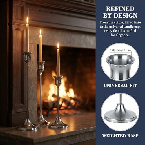 SylvaCraft 3-Piece Silver Metal Tapered Candle Holder Set for Table Decor