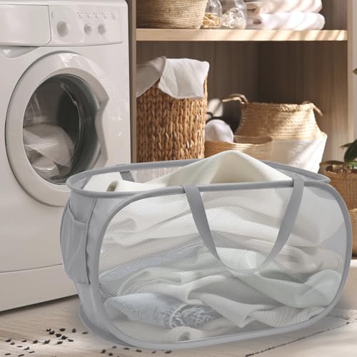TEGOOL Collapsible Mesh Laundry Hamper - Foldable Pop-Up Basket, Grey