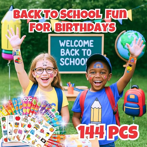 144PCS Back to School Party Favors with Temporary Tattoos & Slap Bracelets