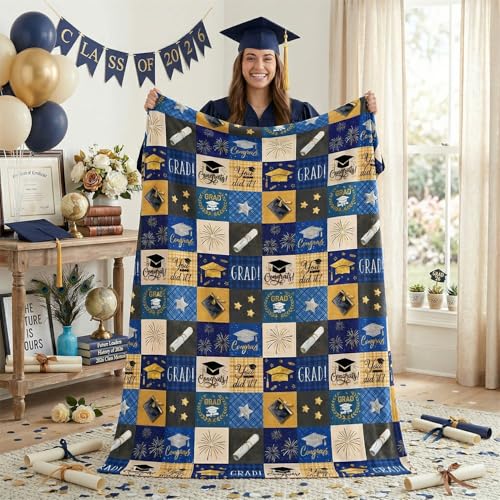 Graduation Flannel Blanket Throw - Blue 50x60, Cozy Fleece Gift