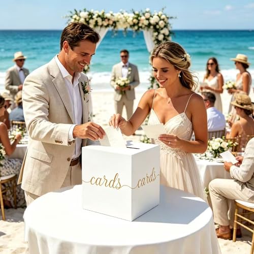Elegant White and Gold Wedding Card Box with Foil Accents
