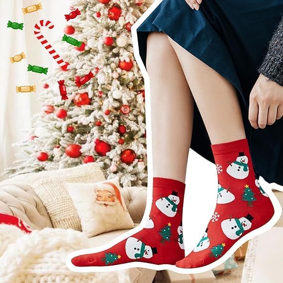Skiennix Funny Socks - Cozy Cute Printed Santa Design - 4 Pairs for Women & Men