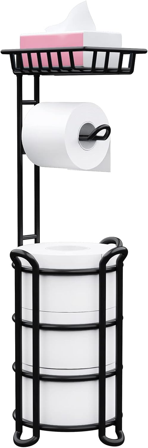 Skiennix Toilet Paper Holder Stand - Free Standing Tissue Roll Storage Rack with Shelf | Black Finish