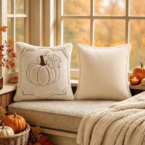 18x18 Fall Pumpkin Pillow Covers Set of 2 - Beige Embroidered