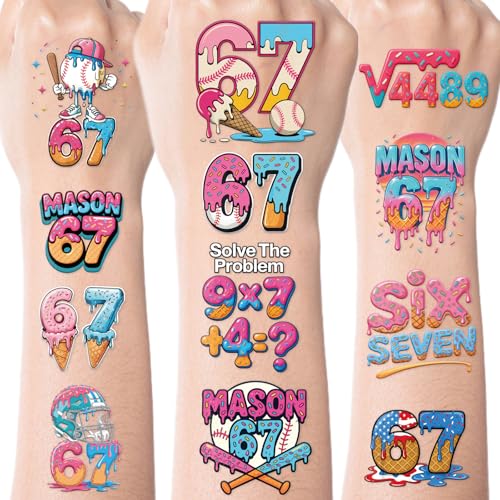 INCOK 67 Ice Cream Drip Temporary Tattoos - 8 Sheets Colorful Baseball Party Favors