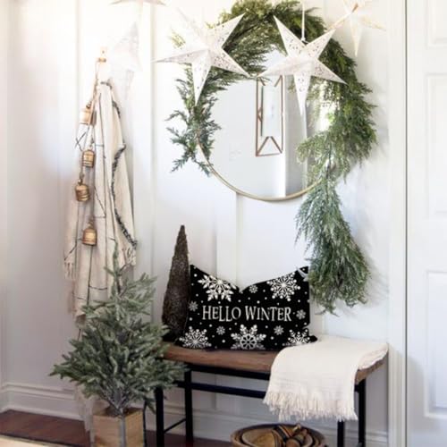 Hello Winter Snowflake Christmas Lumbar Pillow Cover, 12x20 Black Farmhouse