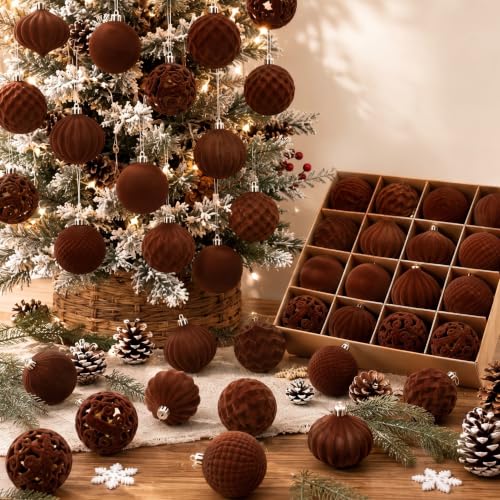 Brown Velvet Christmas Ornaments Set - 46 Shatterproof Holiday Decor