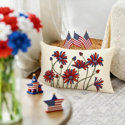 RABUSOFA Patriotic Daisy Throw Pillow Cover, 12x20 Waterproof Linen