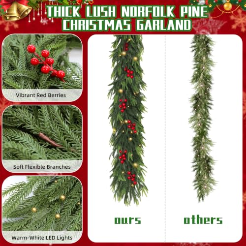 Christmas Garland with Lights 6FT Red Berries & Pine - Double Variation