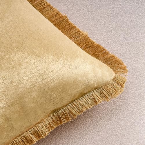KWLET Gold Velvet Throw Pillow Covers Set of 2 18x18 Inches with Tassels - Boho Modern Home Decor