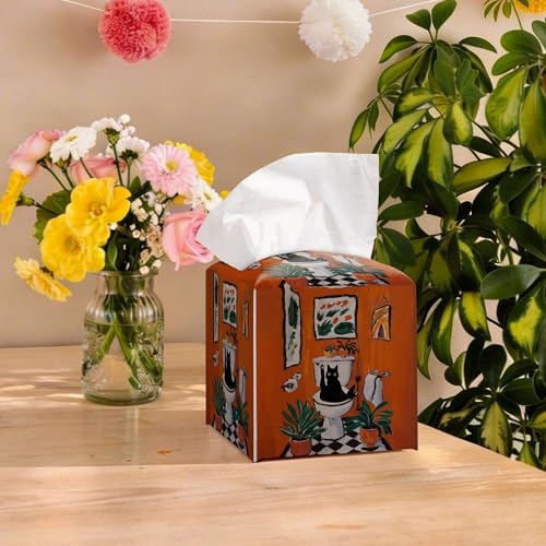 Vintage Black Cat Tissue Box Cover - Red Bathroom Design