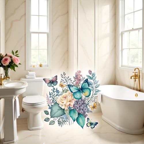 Peony Butterflies Toilet Lid Decals - 2-Piece Waterproof Set