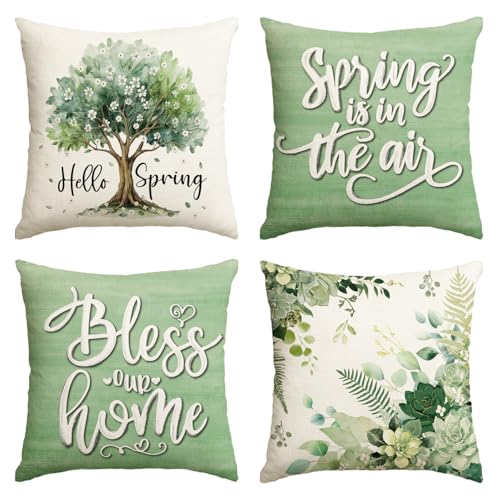 Hello Spring Tree Throw Pillow Covers Set of 4 - 18x18 Inch Eucalyptus Design