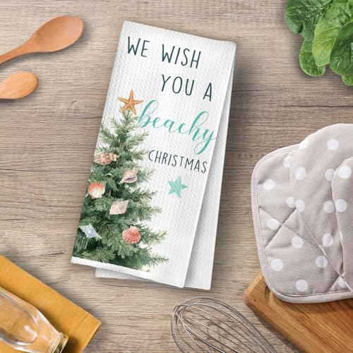 Ocean Christmas Tree Towels - Beachy Holiday Waffle Dish Towels, 16x24 Inch
