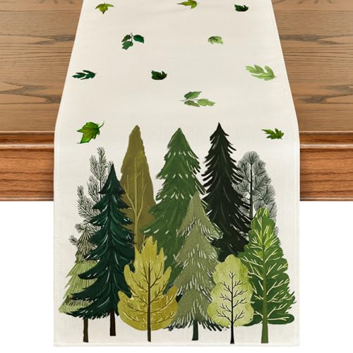 Fallen Leaves Pine Forest Summer Table Runner 13x72 Inch Beige-Green Seasonal Decor