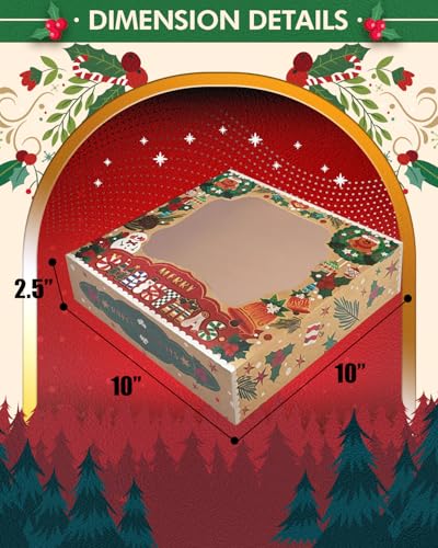 Christmas Kraft Cookie Boxes with Window - 12 Pack, 10x10x2.5 Inch Bakery Gift Boxes - Christmas Gifts