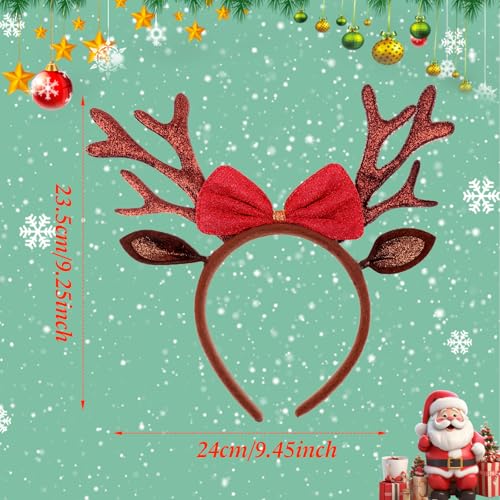 Ecuupas Brown Glitter Antlers Christmas Headband with Red Bow