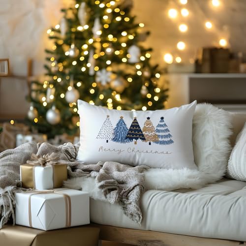 Navy Blue Christmas Tree Throw Pillow Covers 20x12 - Color 01