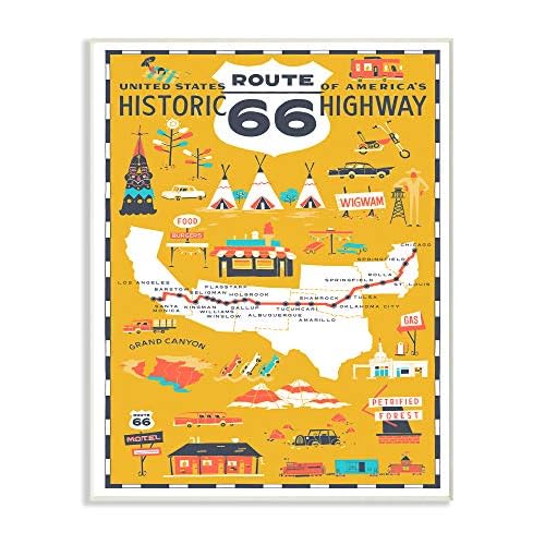 Stupell Industries US Route 66 Historic Highway Mustard Yellow Illustrated Scenic Map Poster Oversized Wall Plaque Art, 12 x 0.5 x 18, Multi-Color
