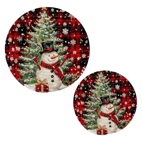 Snowman Christmas Tree Trivet Mat Set - Red Black Plaid Woven Hot Pads