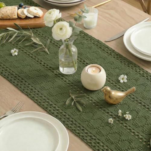 Army Green Woven Farmhouse Table Runner 12x108 Inch - Durable Polyester Cotton