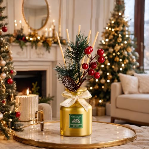 Christmas Vanilla Reed Diffuser Set - Home Fragrance with Gold Bottle & Holiday Decor