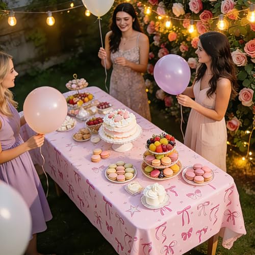 3 Pack Pink Bow Tablecloths - Waterproof Disposable Covers for Parties