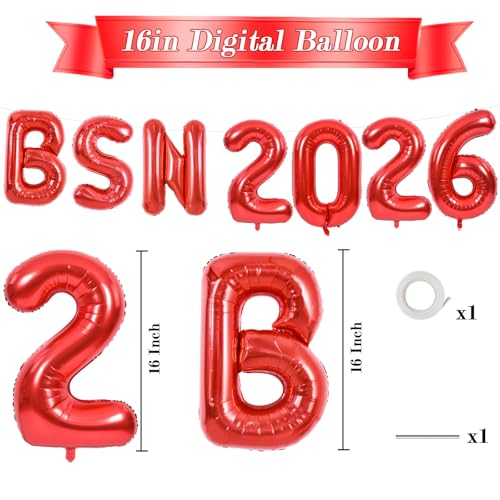 BSN 2026 Nurse Graduation Decorations - Red Foil Balloons & Banner