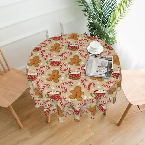 Round Christmas Tablecloth 70x70 Inch Brown Gingerbread Man - Holiday Decor