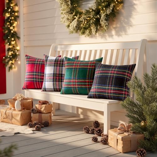 Christmas Plaid Decorative Euro Pillow Covers Set of 2 24x24 Inches - Red