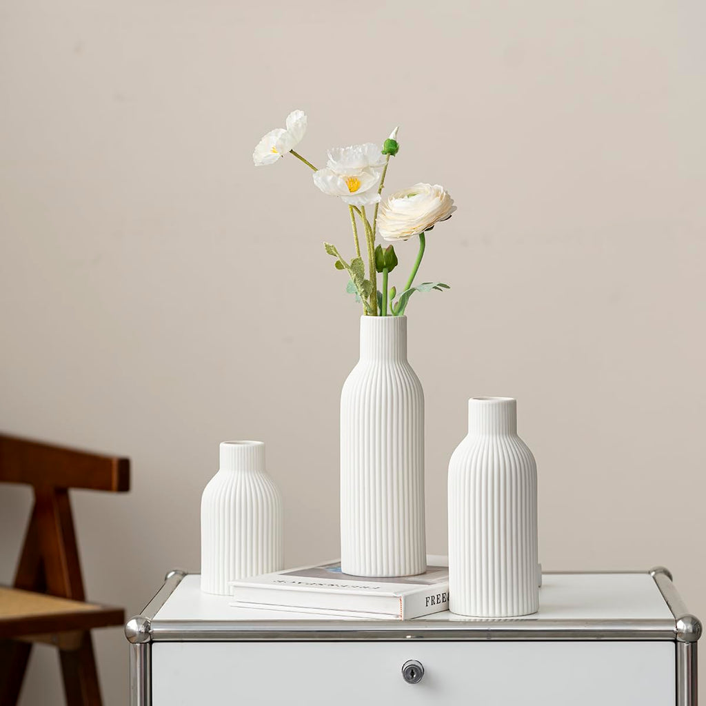 Modern Ceramic Vases Set of 3, White Ribbed Decorative Vases, Shelf Table Centerpiece for Home Decor, Birthday Gifts for Women, Mom, Grandma Decorative (White)
