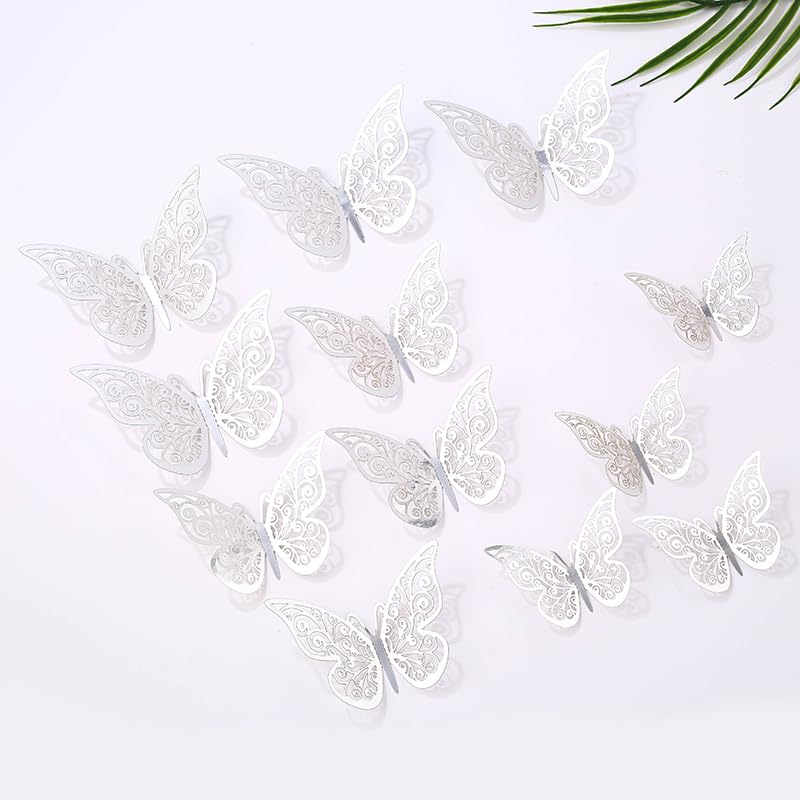 3D Silver Butterfly Wall Stickers - 72 Pcs in 3 Sizes