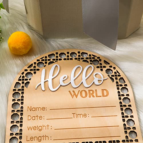Hello World Baby Announcement Sign - 5.5 Inch Wooden Name Plaque