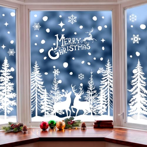 Christmas Window Clings - Double Sided White Xmas Forest Tree Snowflakes Deer Decorations