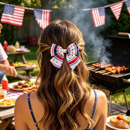 Patriotic Red White & Blue Hair Bow Clip for Women