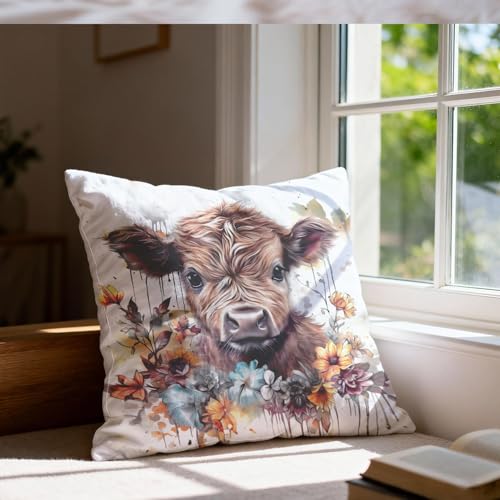 Highland Cow Pillow Cover 18x18, Soft Cotton Farmhouse Decor - Style 002