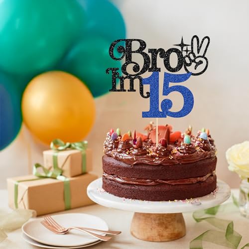 Brother I'm 15 Cake Topper - Glitter Happy 15th Birthday Decoration | Blue & Black