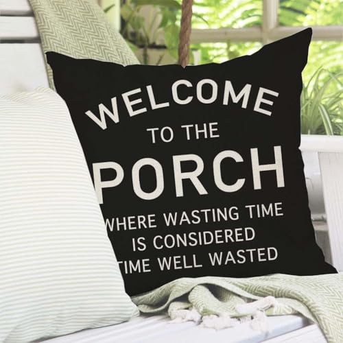 Farmhouse Throw Pillow Cover 18x18 Black - Welcome to the Porch