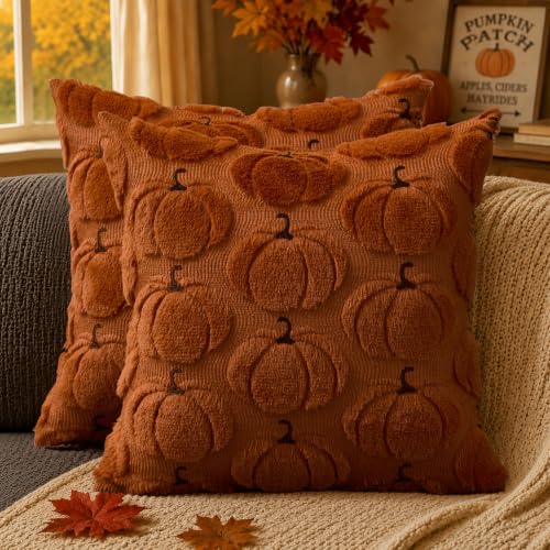 Pumpkin Faux Fur Pillow Covers - Set of 2, 18x18 Fall Decor