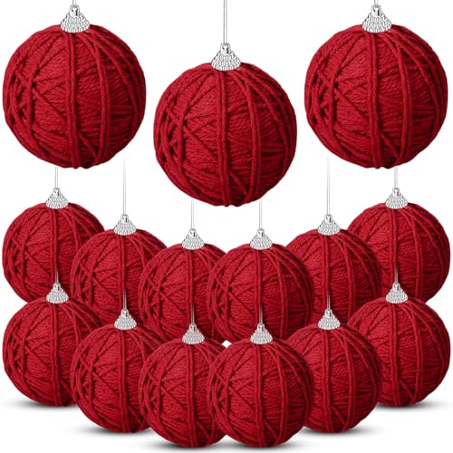 15 Pcs Burgundy Red Yarn Christmas Ornaments Balls Bulk Rustic Farmhouse Holiday Decorations