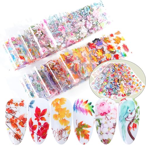 Fall Nail Foil Transfer Sheets - 10 Pcs Maple Leaf & Thanksgiving Designs