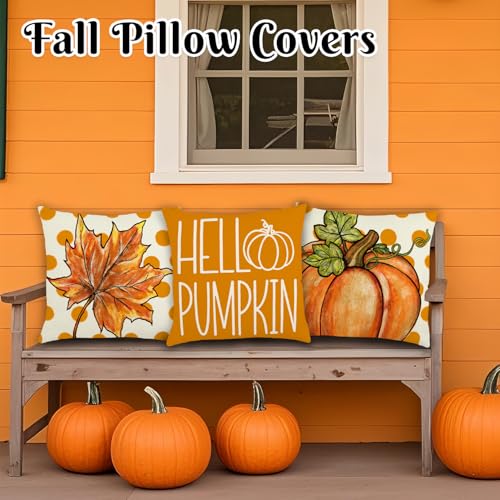 Feivando Fall Pillow Covers, 18x18 Orange Polka Dot Linen Cushion Case Set