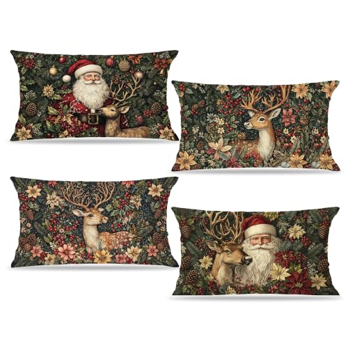 William Morris Style Christmas Santa Deer Pillow Cover 12x20 Set of 4 - Reindeer Holiday Decor
